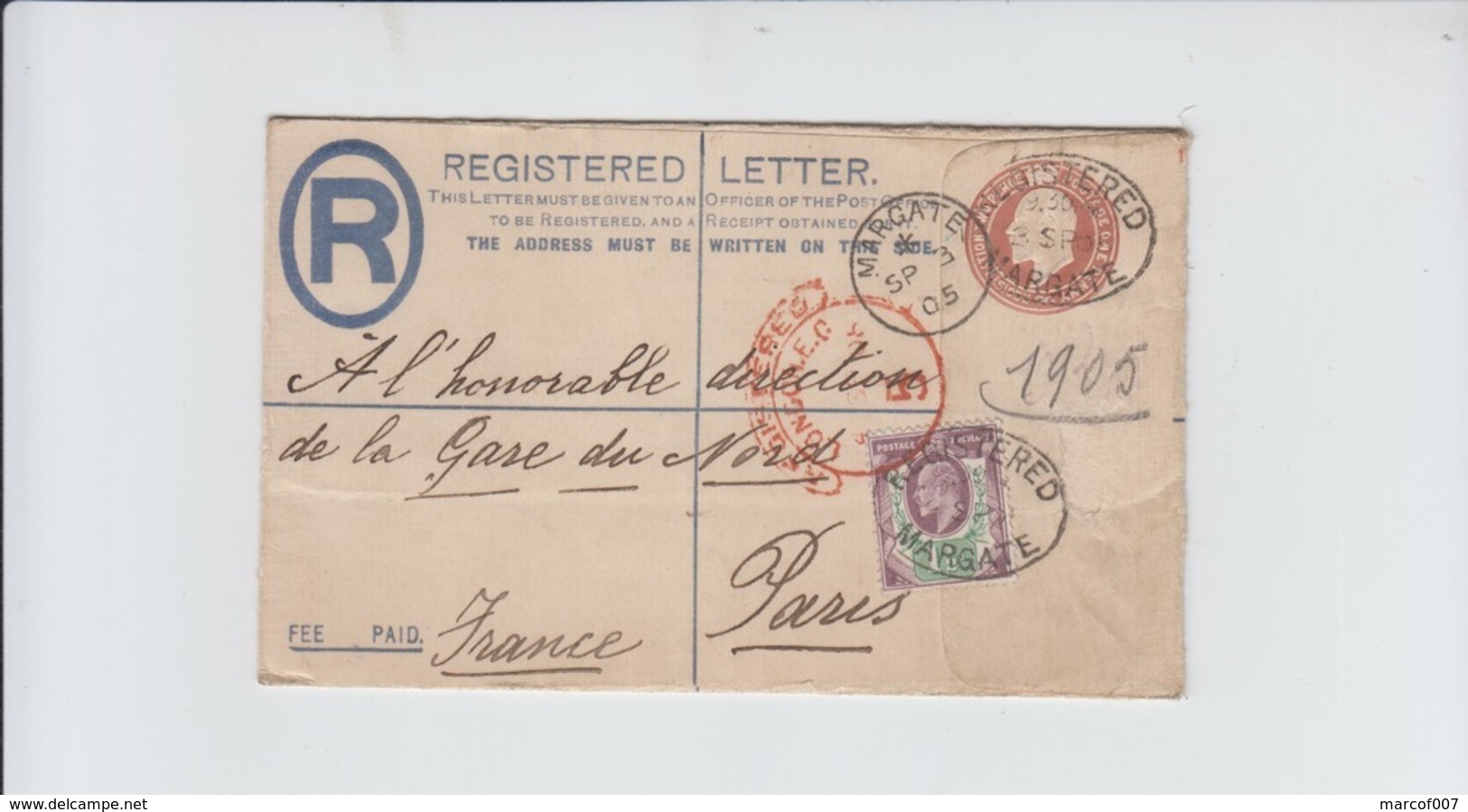 REGISTERED LETTER MARGATE -  TO PARIS - 1905 - Entiers Postaux