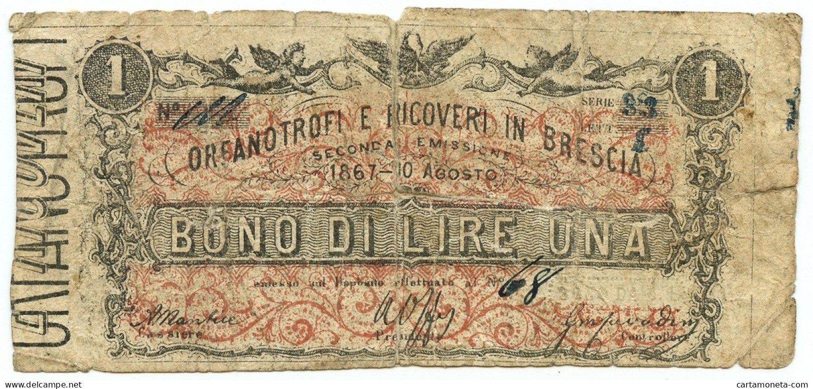 1 LIRA FIDUCIARIO ORFANOTROFI E RICOVERI IN BRESCIA II EMISSIONE 10/08/1867 MB+ - Altri & Non Classificati