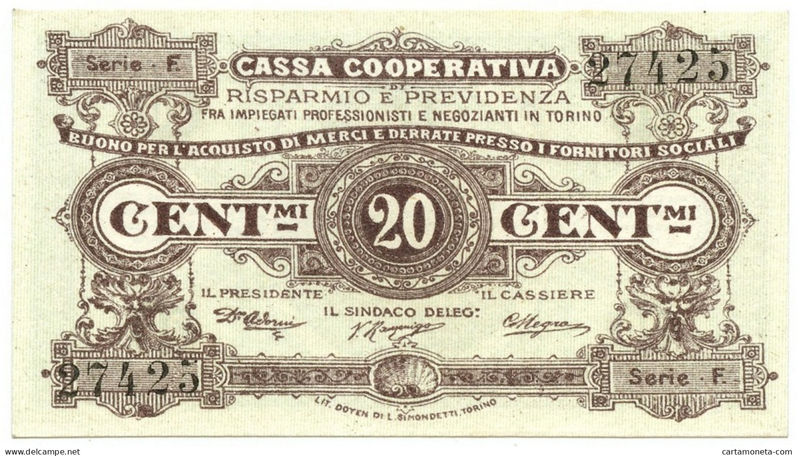 20 CENTESIMI BUONO ACQUISTO CASSA RISPARMIO PREVIDENZA TORINO 1893-1894 FDS-/FDS - Altri & Non Classificati