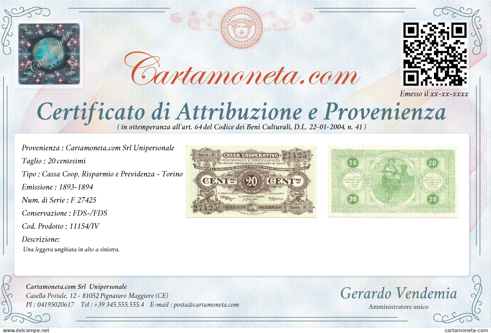 20 CENTESIMI BUONO ACQUISTO CASSA RISPARMIO PREVIDENZA TORINO 1893-1894 FDS-/FDS - Altri & Non Classificati