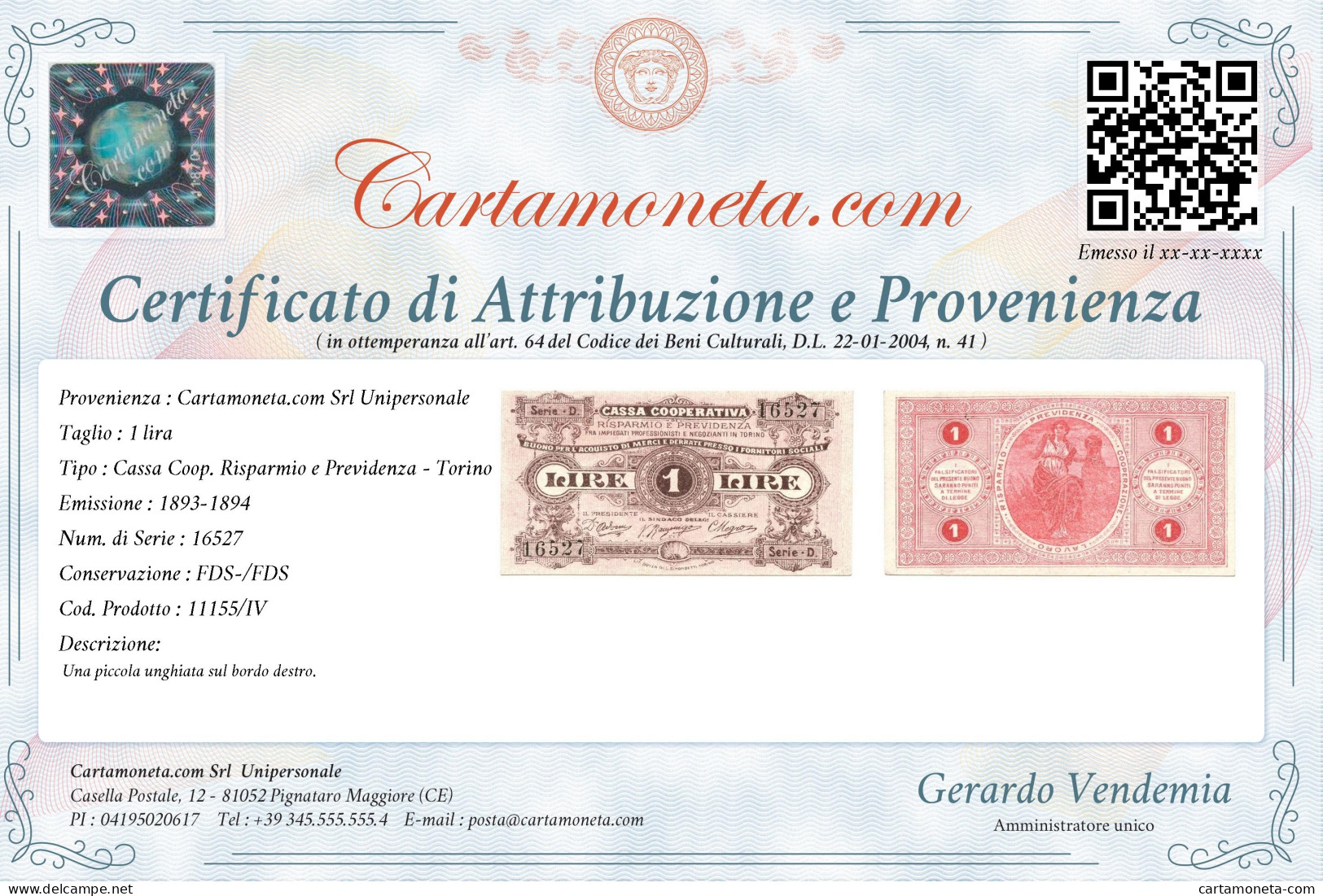 1 LIRA BUONO ACQUISTO CASSA RISPARMIO E PREVIDENZA TORINO 1893-1894 FDS-/FDS - Altri & Non Classificati