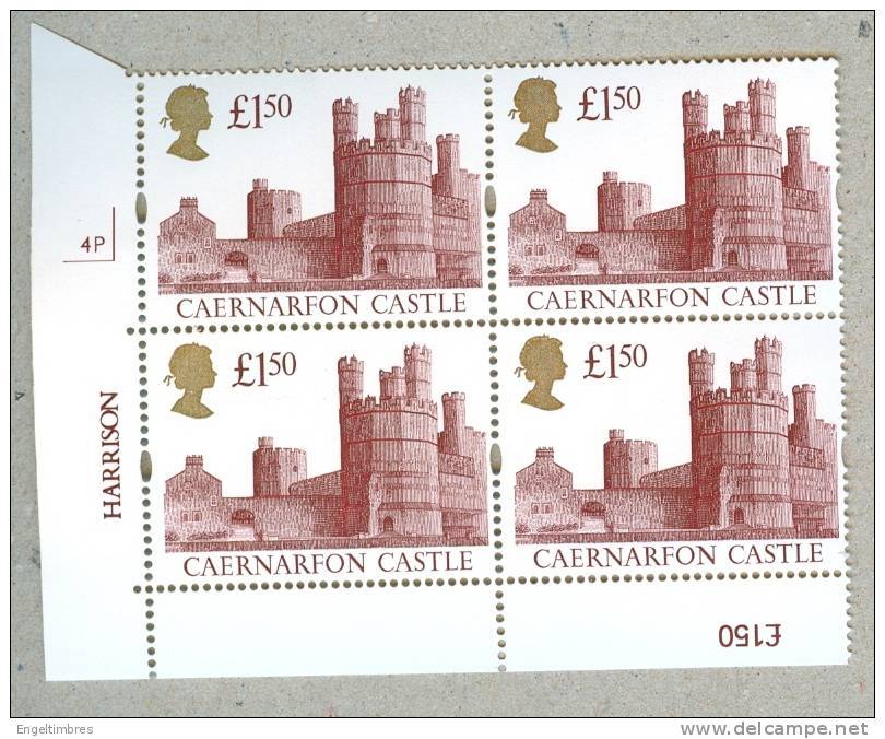 GB CASTLES HARRISON 1992 Gold Head £1.50 Cylinder Block Of 4 - Cyl  4P - "lay Flat" Gum - Feuilles, Planches  Et Multiples