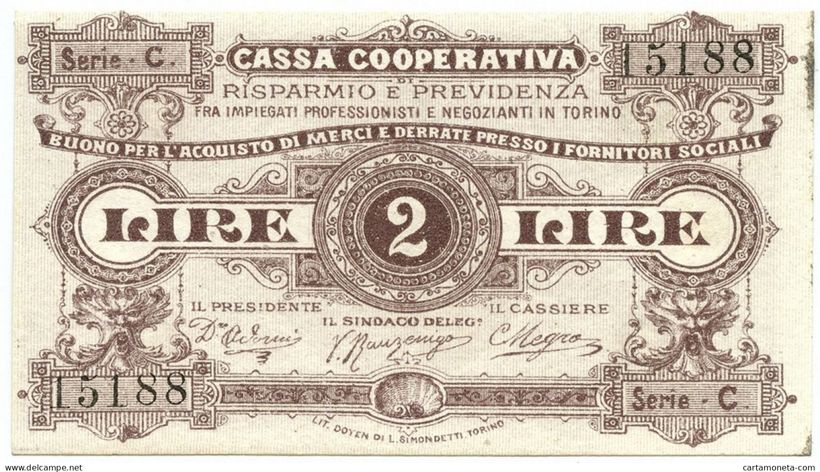 2 LIRE BUONO ACQUISTO CASSA RISPARMIO E PREVIDENZA TORINO 18931894 SUP - Altri & Non Classificati