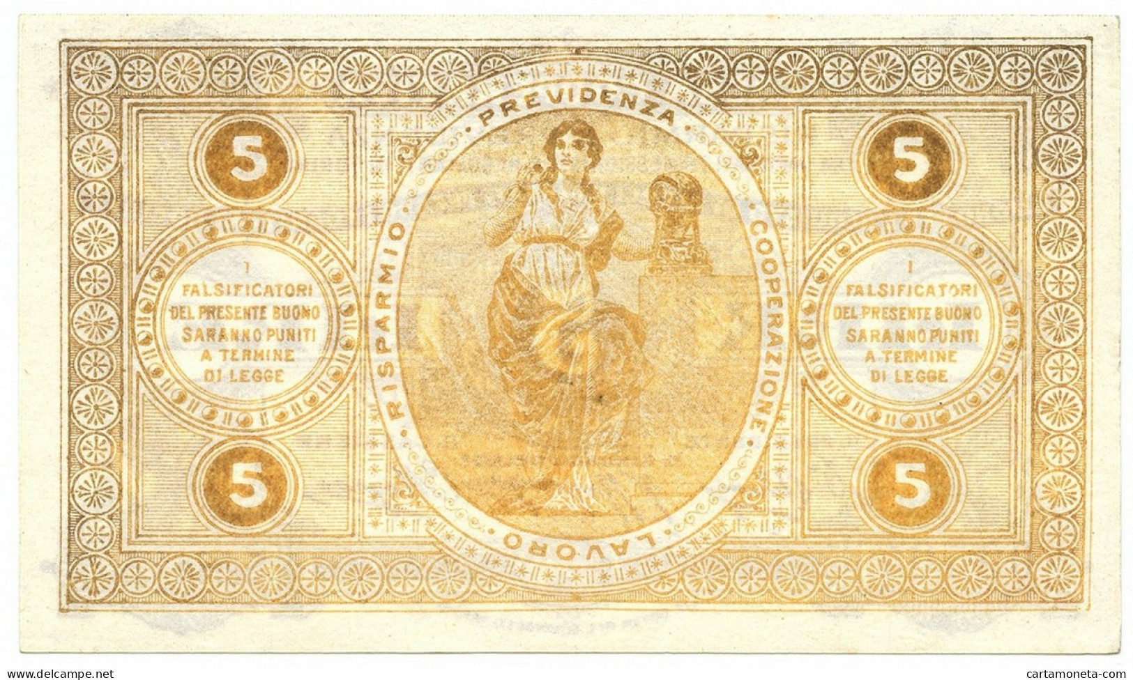 5 LIRE BUONO CASSA COOPERATIVA RISPARMIO PREVIDENZA TORINO 1893-1894 QFDS - Altri & Non Classificati