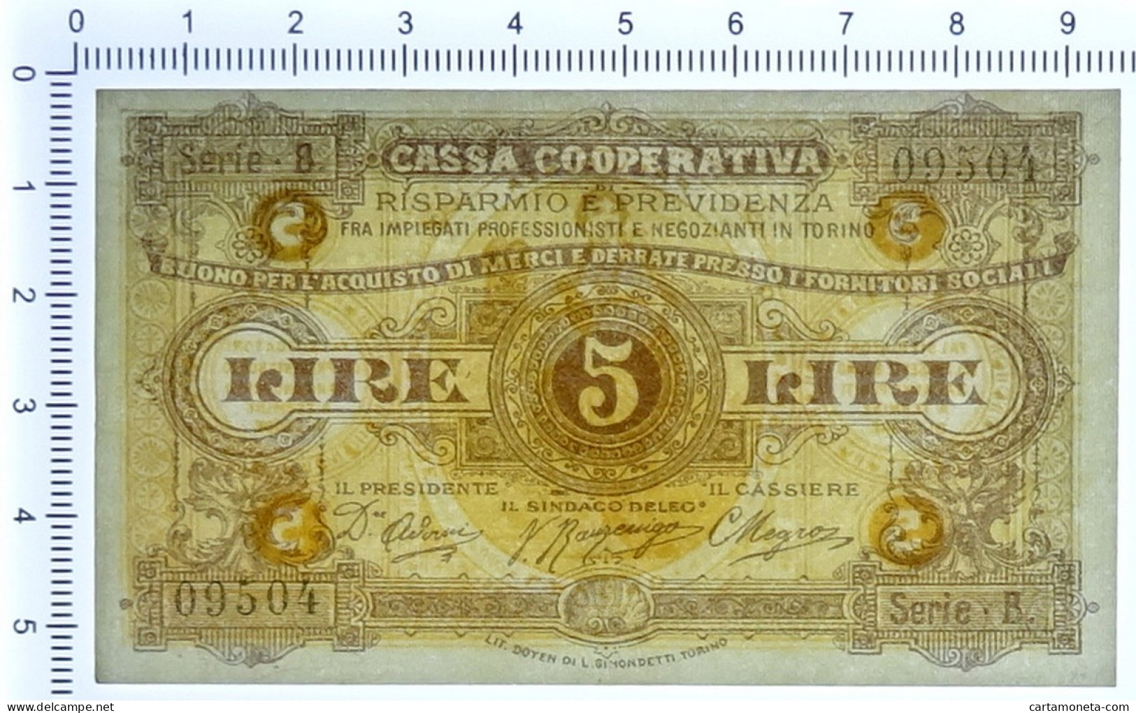 5 LIRE BUONO CASSA COOPERATIVA RISPARMIO PREVIDENZA TORINO 1893-1894 QFDS - Altri & Non Classificati