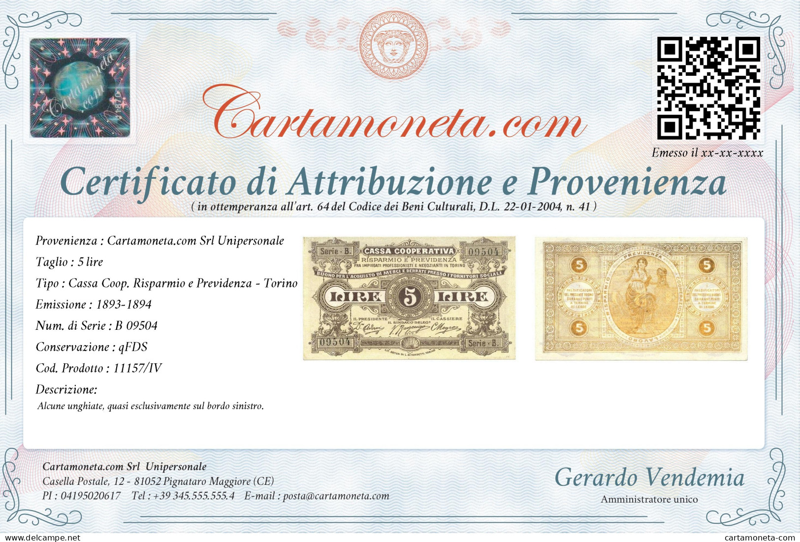 5 LIRE BUONO CASSA COOPERATIVA RISPARMIO PREVIDENZA TORINO 1893-1894 QFDS - Altri & Non Classificati