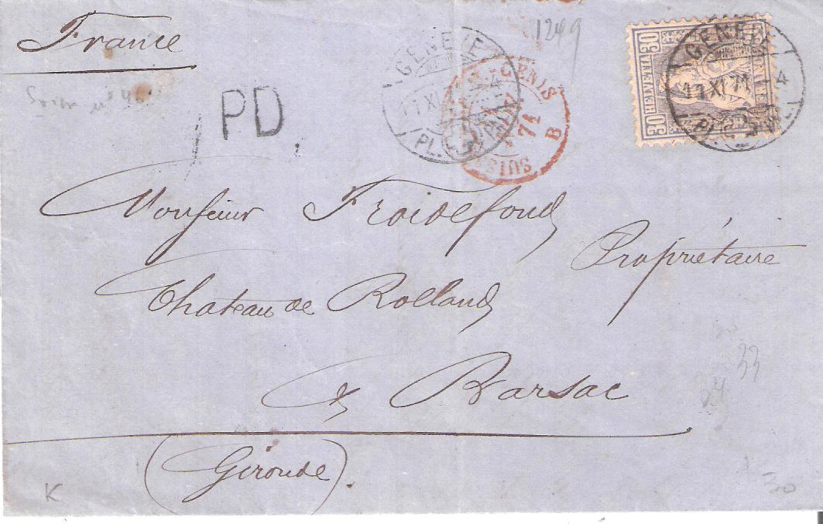 Lettre De GENEVE Avec Cachet D'entrée SUISSE PAR M. CENIS - Marques D'entrées