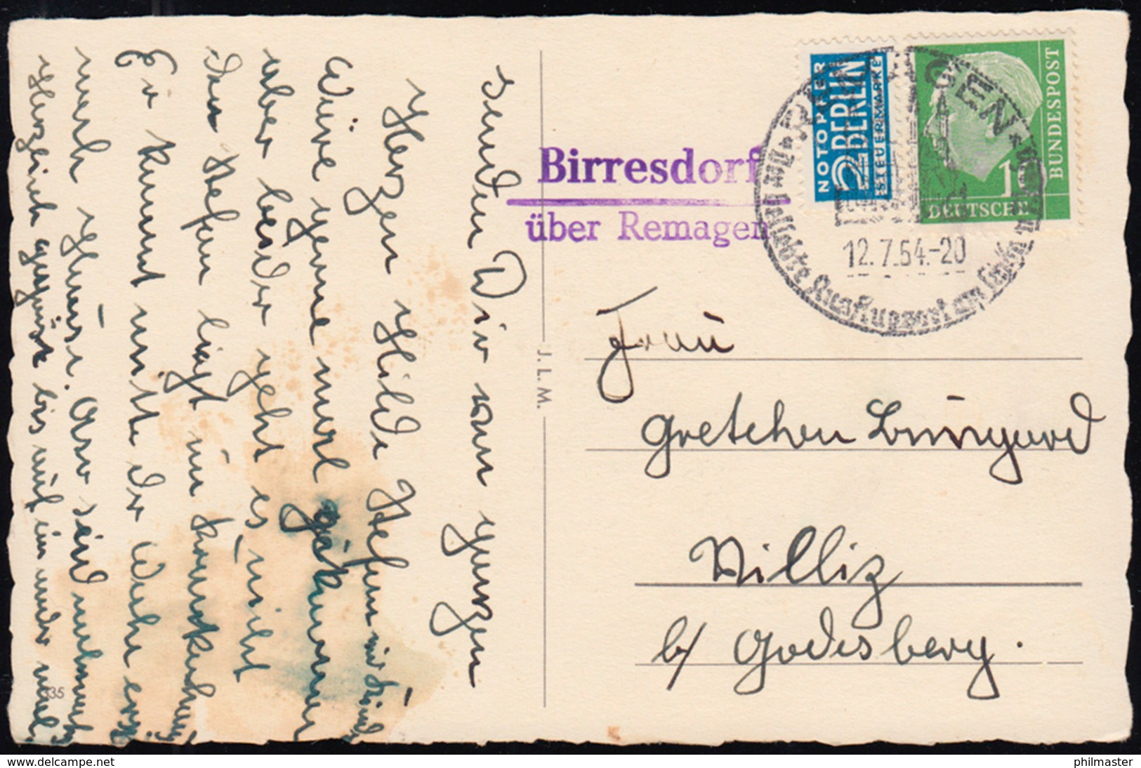 Landpost Birresdorf über Remagen Auf Glückwuschkarte SSt REMAGEN 12.7.1954 - Sonstige & Ohne Zuordnung