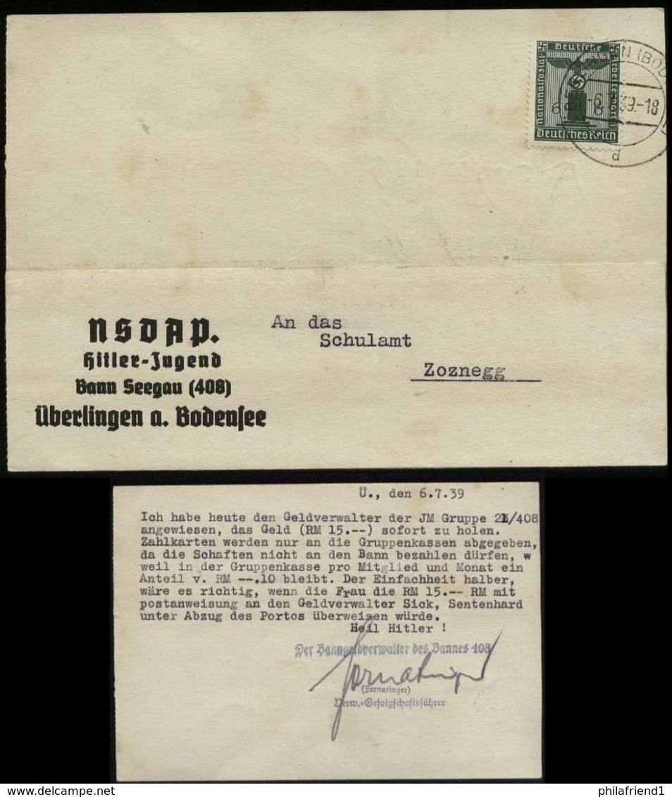 P0040 - Propaganda , DR NSDAP Dienstpost Postkarte HJ , BDM : Gebraucht Bann 408 Seegau Überlingen Bodensee - Zoznegg - Lettres & Documents