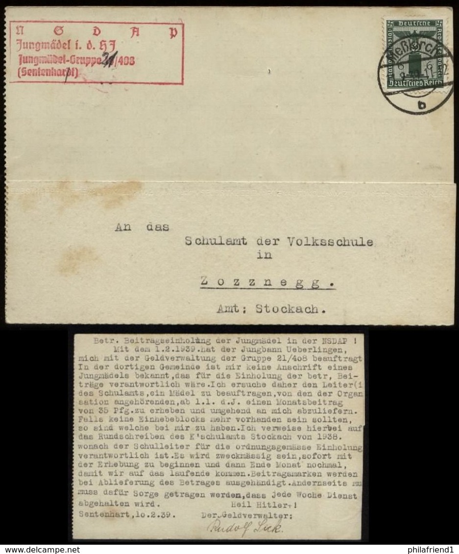 P0041 - Propaganda , DR NSDAP Dienstpost Postkarte HJ , BDM Jungmädel: Gebraucht Bann 408 Sentenhardt Meßkirch - Zozne - Lettres & Documents