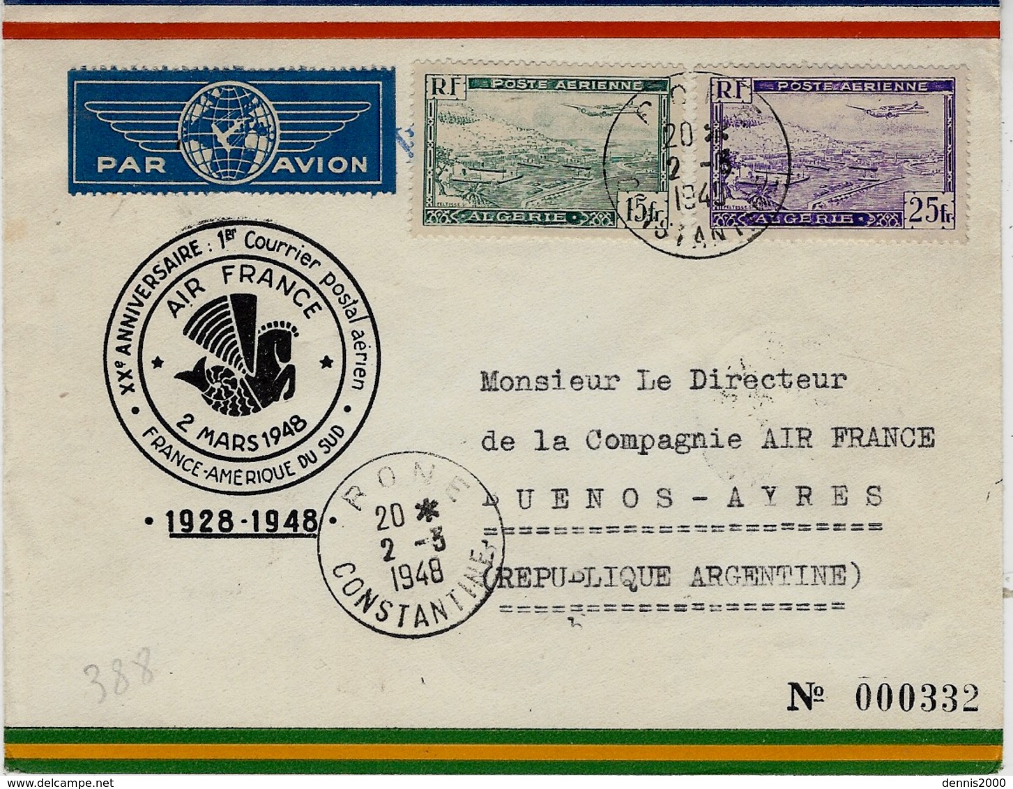 2-3-1948- Xxè Anniversaire : 1er Courrier Postal Aérien France-Amérique Du Sud Par Air-France - Lettres & Documents
