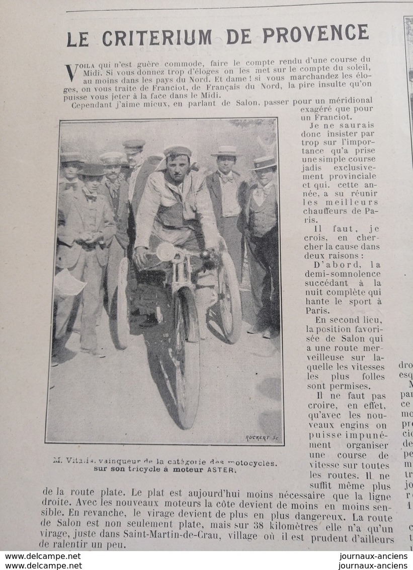 1900 LE CRITÉRIUM DE PROVENCE - MOTOCYCLETTE ASTER - JENATZY SUR VOITURE BOLIDE - VOITURETTE TESTÉ Et MOREL - 1900 - 1949