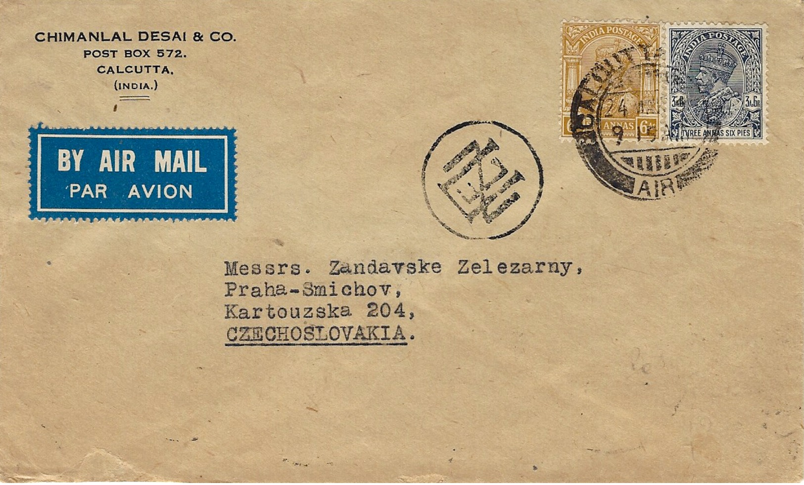 1938- Air Mail Cover From Calcutta To Prague ( Rep. Tchèque ) Transit Athens ( Greece) - Andere & Zonder Classificatie