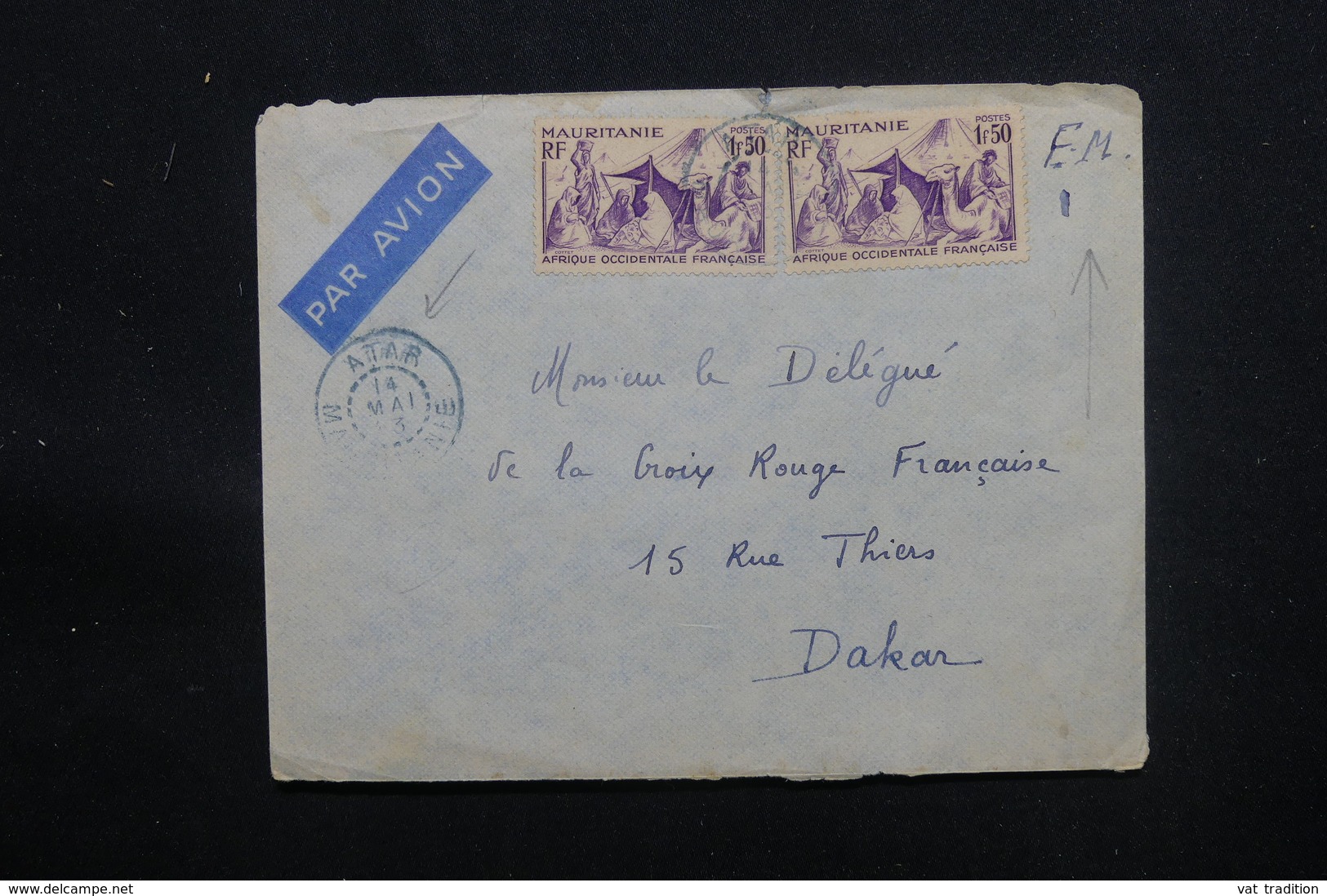 MAURITANIE - Enveloppe En FM De Atar Pour Dakar En 1943, Affranchissement Plaisant - L 48603 - Lettres & Documents