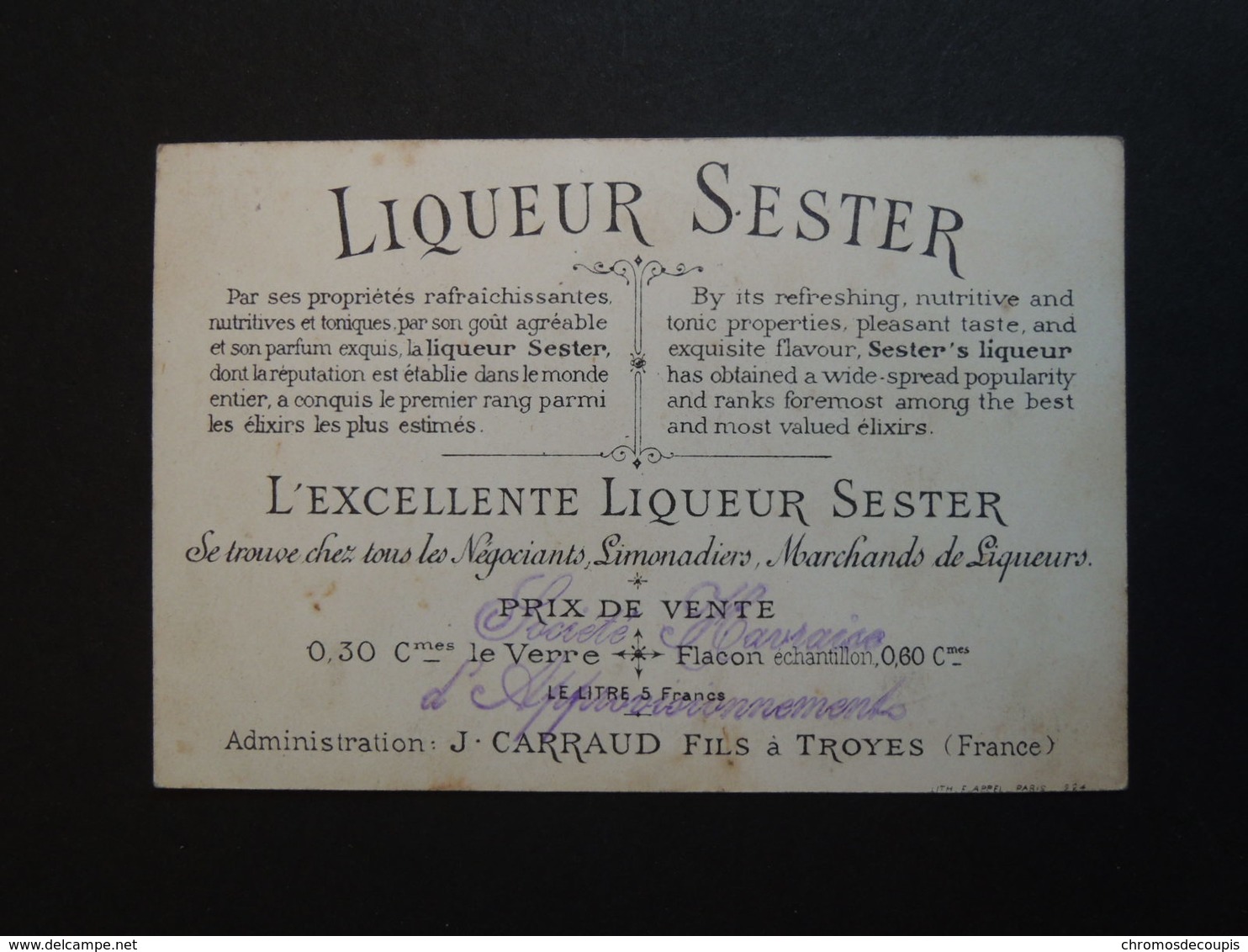 CHROMO  Appel. Liqueur SESTER. Carraud Fils à Troyes. Tampon De LaSociété Havraise D'approvisionnement.Militaire. Tente - Autres & Non Classés