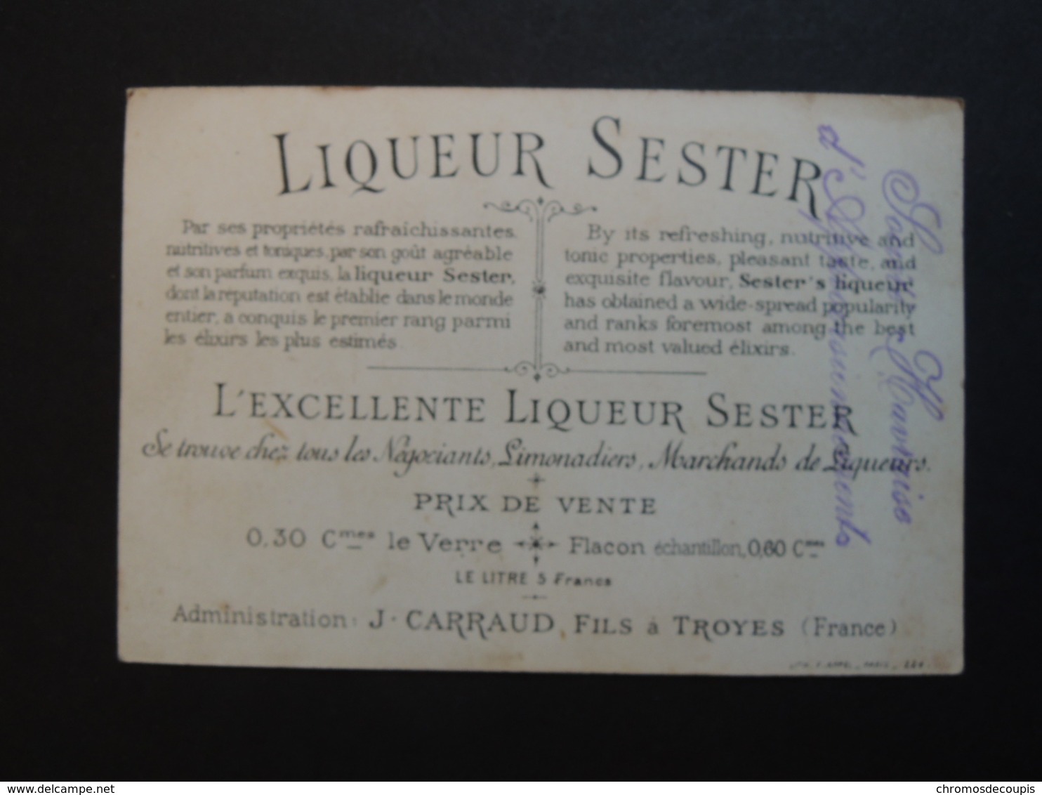 CHROMO  Appel. Liqueur SESTER. Carraud Fils à Troyes. Tampon De LaSociété Havraise D'approvisionnement.Scène De Café. - Autres & Non Classés