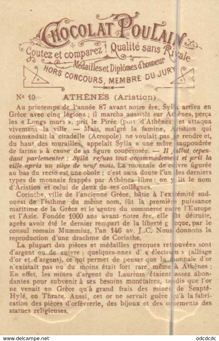 Chromo CHOCOLAT POULAIN  Histoire Generale Des Monnaie ATHENES ( Aristion )  Gauffrée RV - Poulain