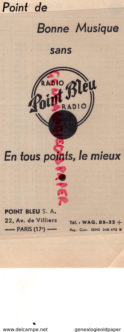 75- PARIS- RARE CATALOGUE + LETTRE + TARIF ET PUB RADIO POINT BLEU- TSF- RECEPTEUR 22 AVENUE DE VILLIERS- 1953