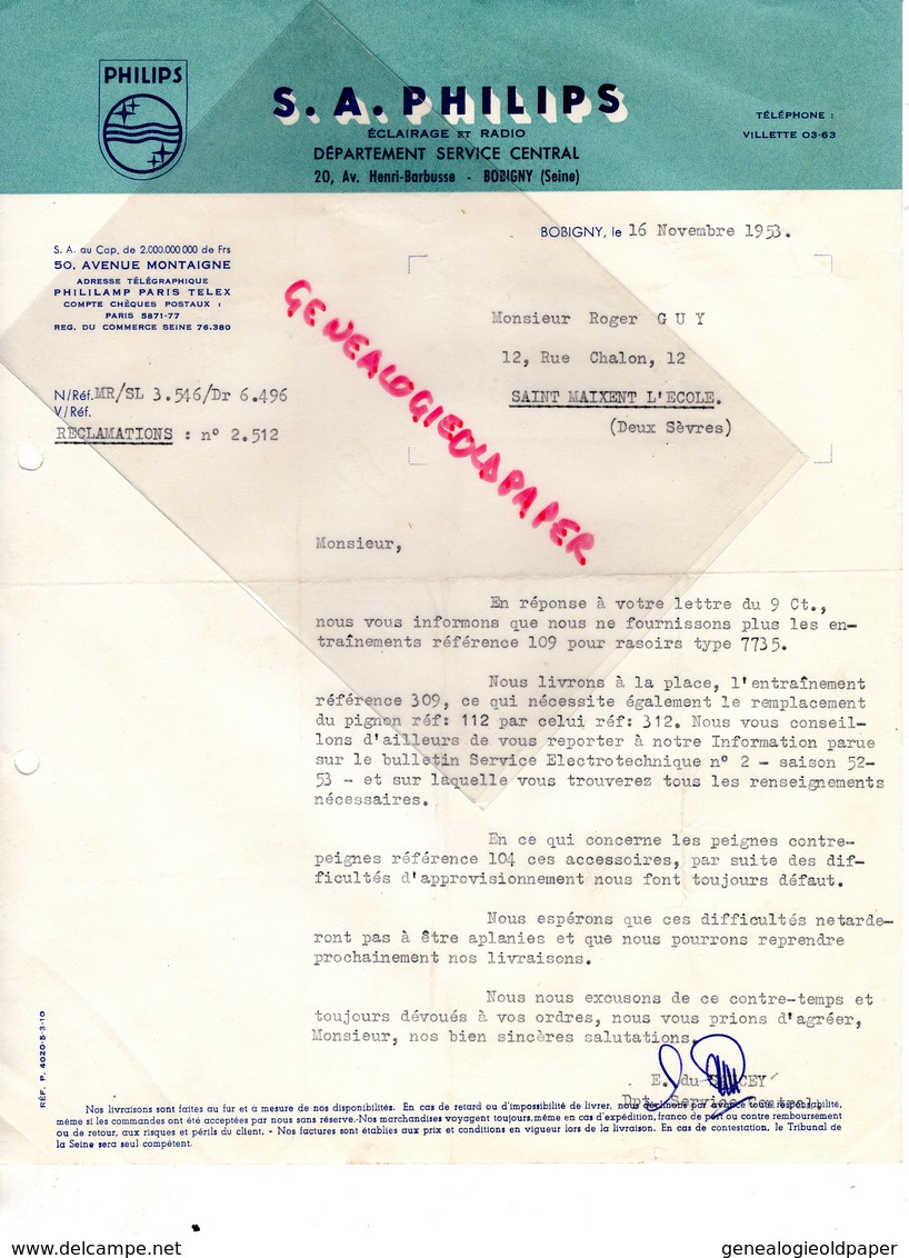 93- BOBIGNY - LETTRE PHILIPS - DEPARTEMENT SERVICE CENTRAL-20 AVENUE HENRI BARBUSSE- PARIS 50 AVEUE MONTAIGNE-1953 - Artesanos