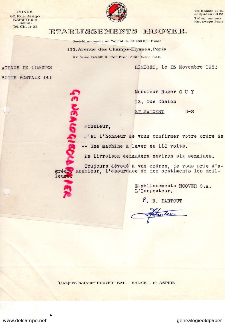 75- PARIS- LETTRE + BON COMMANDE HOOVER -122 AVENUE CHAMPS ELYSEES- 1953 - Old Professions