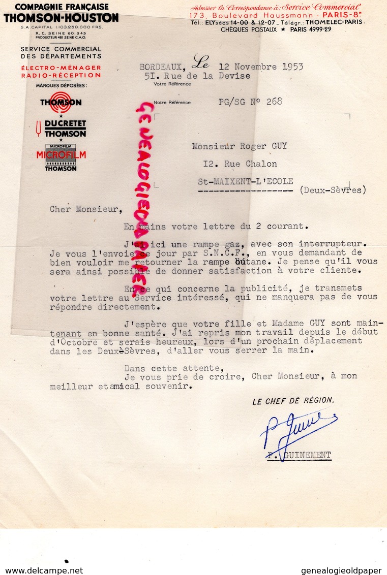 33 - BORDEAUX- LETTRE THOMSON HOUSTON- RADIO RECEPTION-ELECTRO MENAGER-DUCRETET-51 RUE DEVISE- PARIS - 1953 - Old Professions