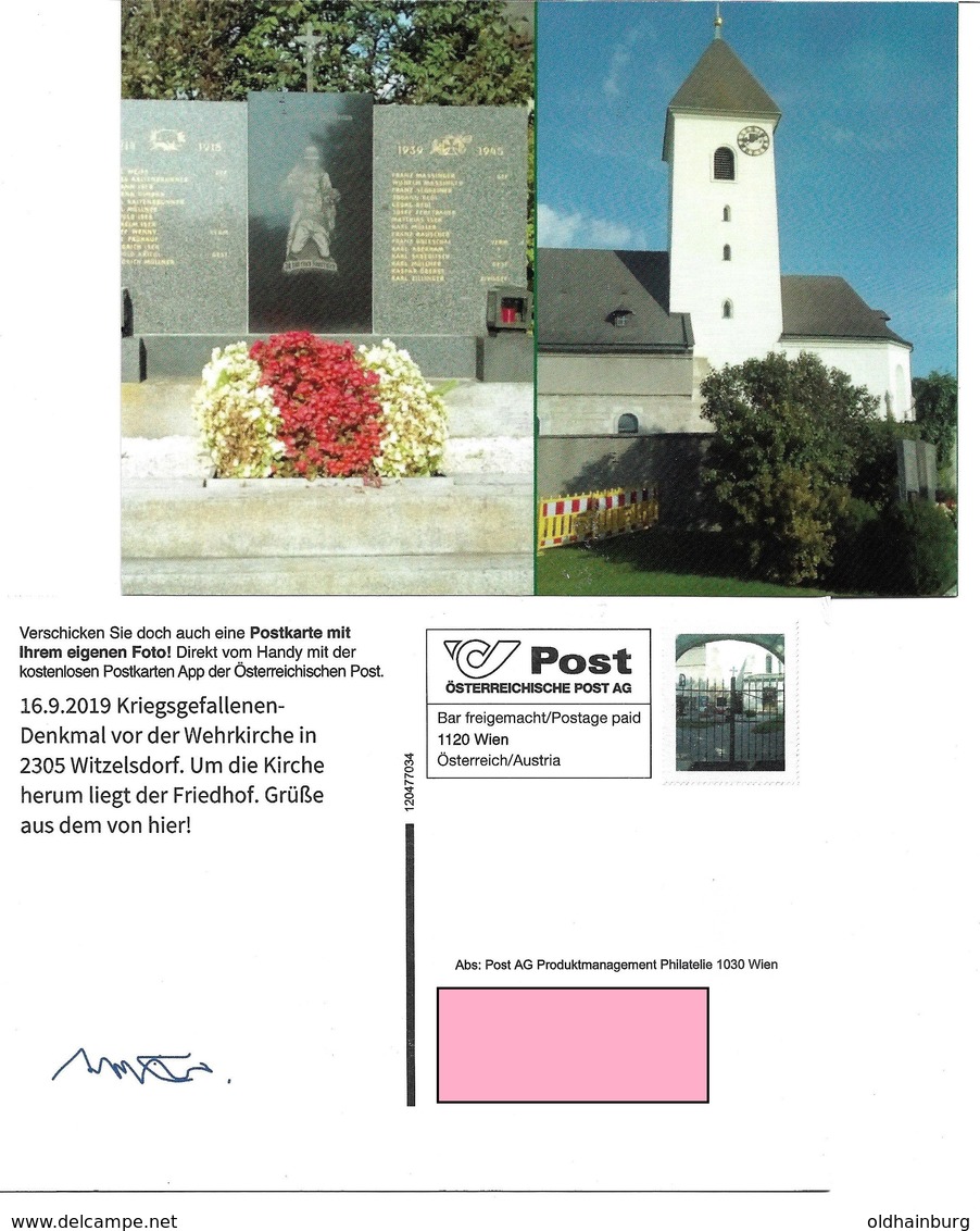 1540b: Privatganzsache AK Postkarten-App: A- 2305 Witzelsdorf, Wehrkirche, Kriegerdenkmal - Gänserndorf