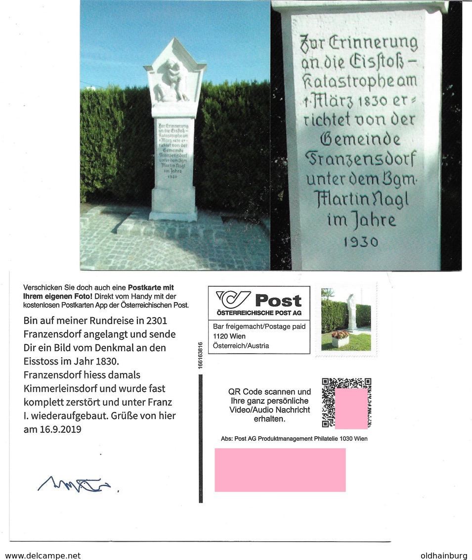 1540a: Privatganzsache AK Postkarten-App: A- 2301 Franzensdorf, Denkmal An Den Eisstoß - Gänserndorf