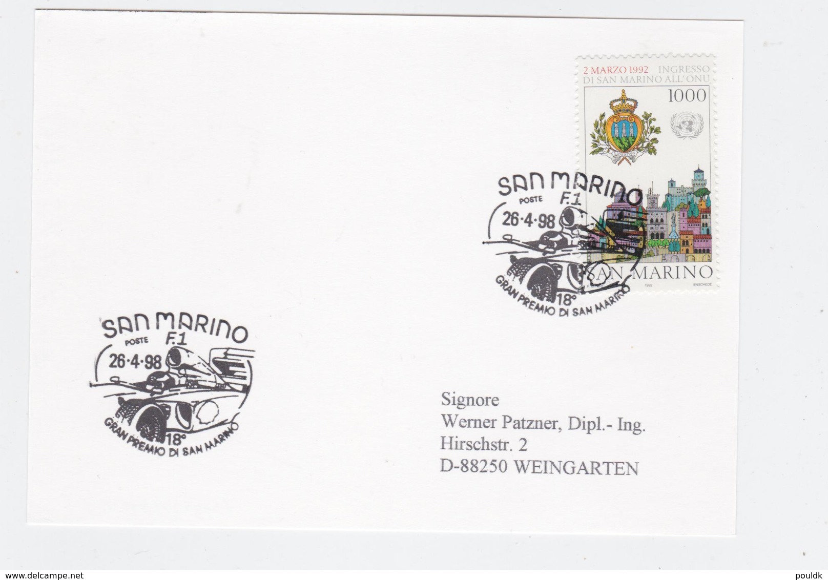 San Marino Card San Marino 1998 F1 Gran Premio Di San Marino - Racing Car In Postmark  (G107-50) - Automobile