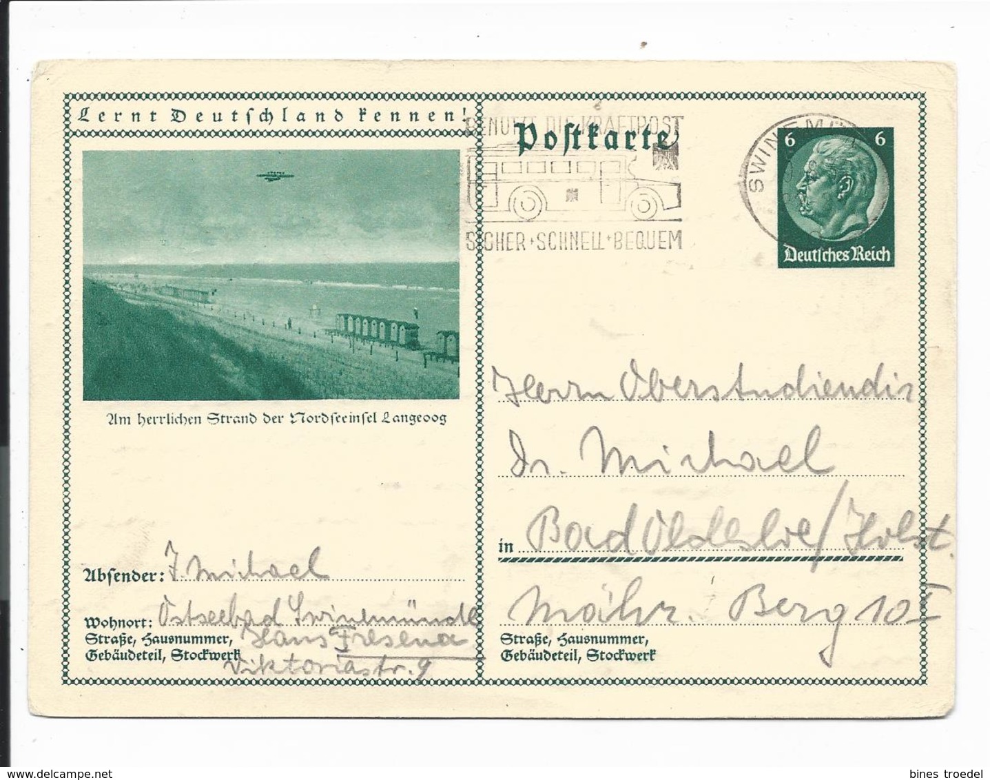 DR P 221 - 46 -  6 Pf Hindenburg Med. BiPo Langeoog Von Swinemünde N. Bad Oldesloe Bedarfsverwendet - Altri & Non Classificati