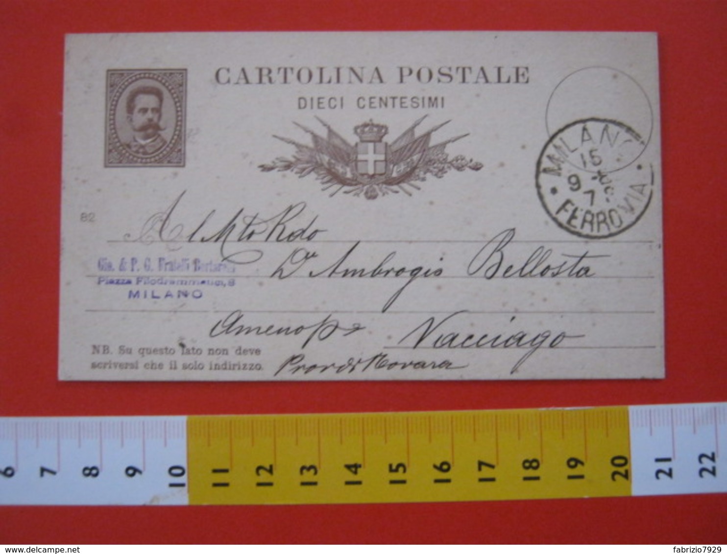 PC.3 ITALIA REGNO CARTOLINA POSTALE - 1879 10 CENT BRUNO MILL. 82 DA MILANO BERTARELLI X AMENO DI VACCIAGO NOVARA - Postwaardestukken