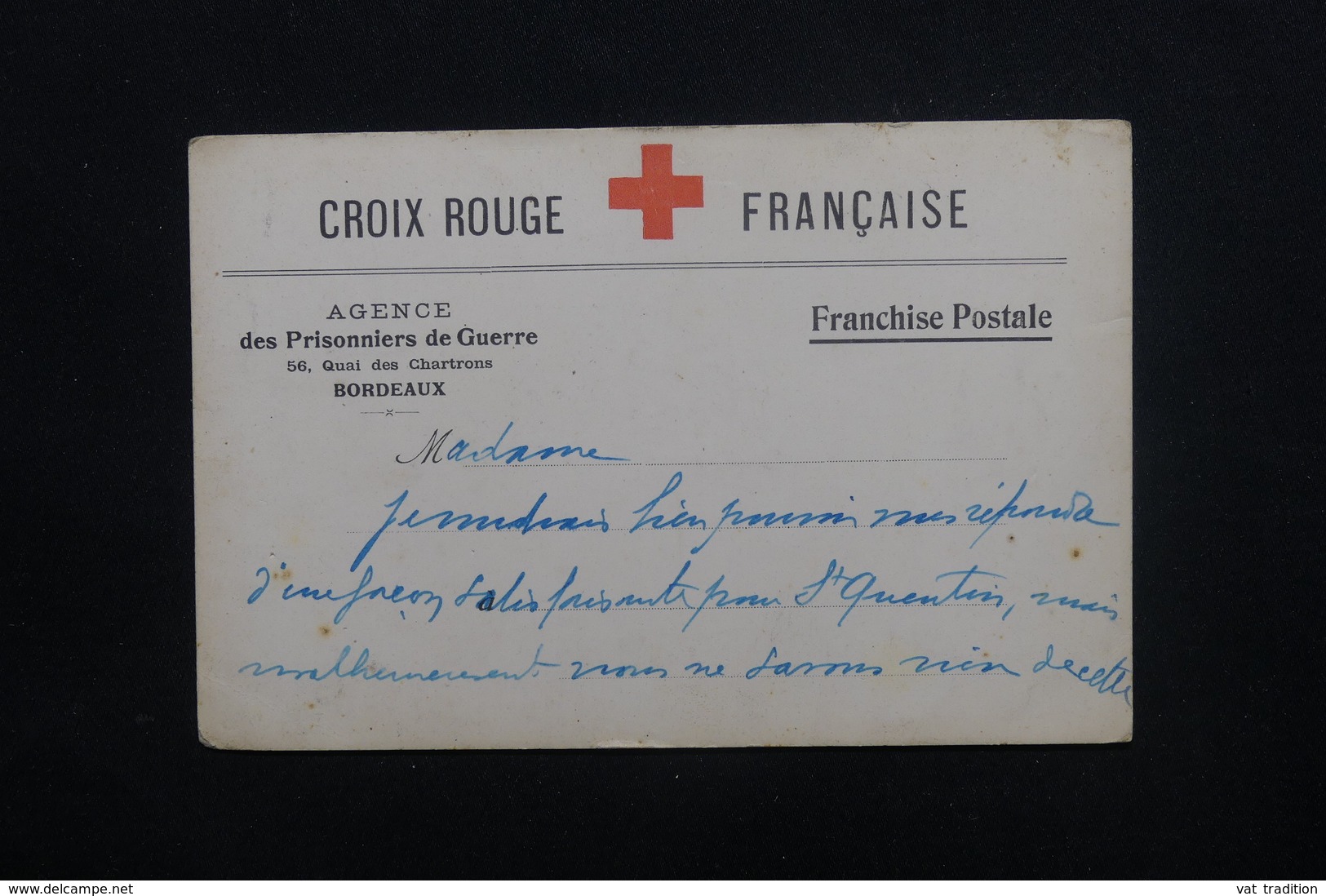 FRANCE - Carte Croix Rouge De L 'Agence Des Prisonniers De Guerre De Bordeaux écrite - L 48650 - Red Cross
