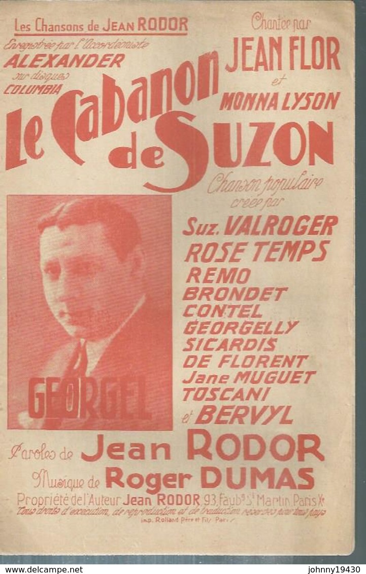 Partition : "  LE CABANON DE SUZON "   JEAN FLOR / MONNA LYSON / GEORGEL / Jean RODOR / Roger DUMAS - Autres & Non Classés