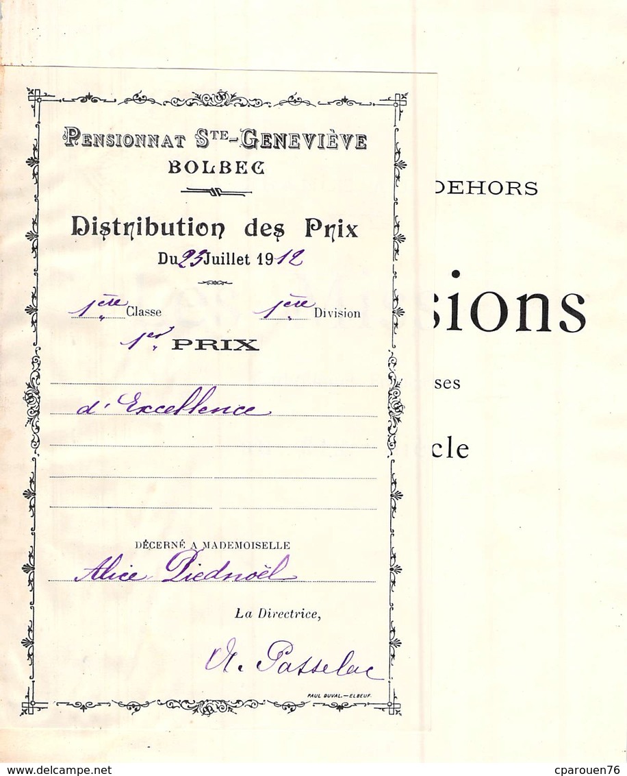 Distribution De Prix Pension Sainte Geneviève Bolbec 1er Prix D'excellence 1912   Alice Piednoël - Diplômes & Bulletins Scolaires