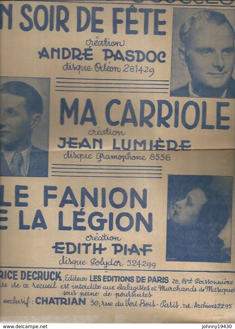 Partition : "  LE FANION DE LA LEGION "   EDITH PIAF - " UN SOIR DE FETE " ANDRE PASDOC - Autres & Non Classés