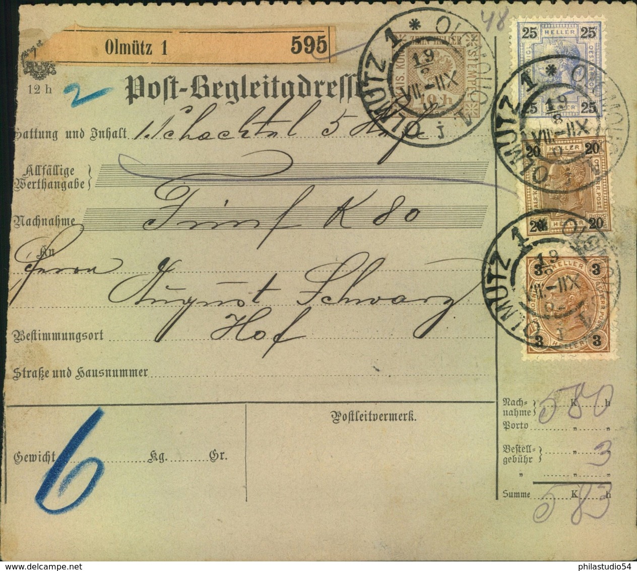 1901/02. 3 Paketkarten (Post-Begleitadressen) Aus Olmütz, Brünn Und Chrudim, Böhmen - Sonstige & Ohne Zuordnung