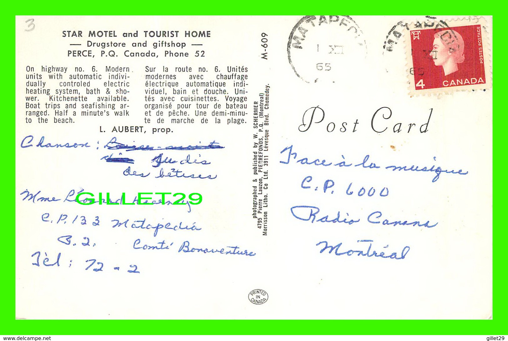 PERCÉ, QUÉBEC - STAR MOTEL AND TOURIST HOME - CIRCULÉE EN 1965 - W. SCHERMER - - Percé