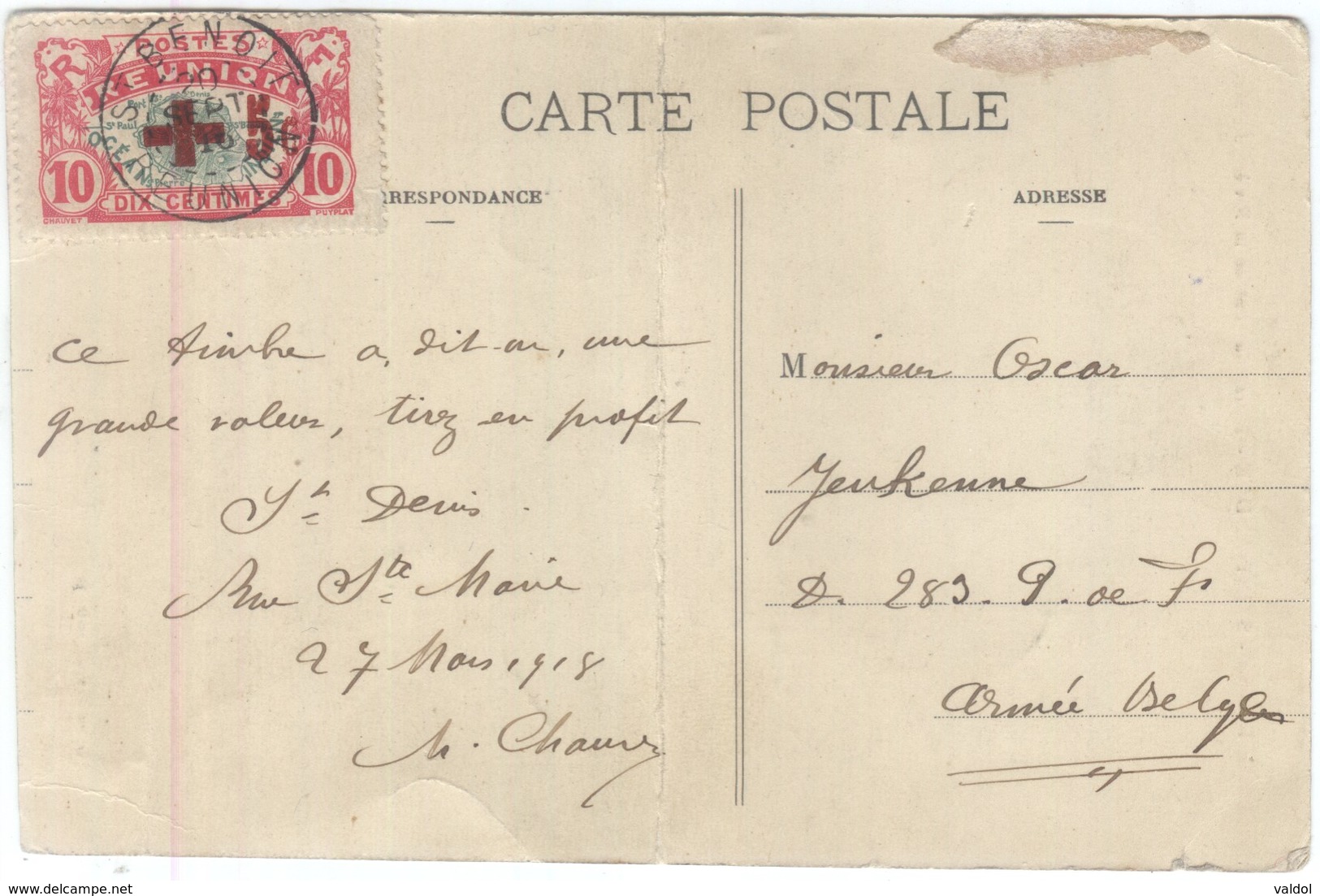 Ile De La Réunion.  Timbre 10 Centimes -Surcharge +5 (en Rouge)- Postée à St Benoît En Mars  1918. - Storia Postale