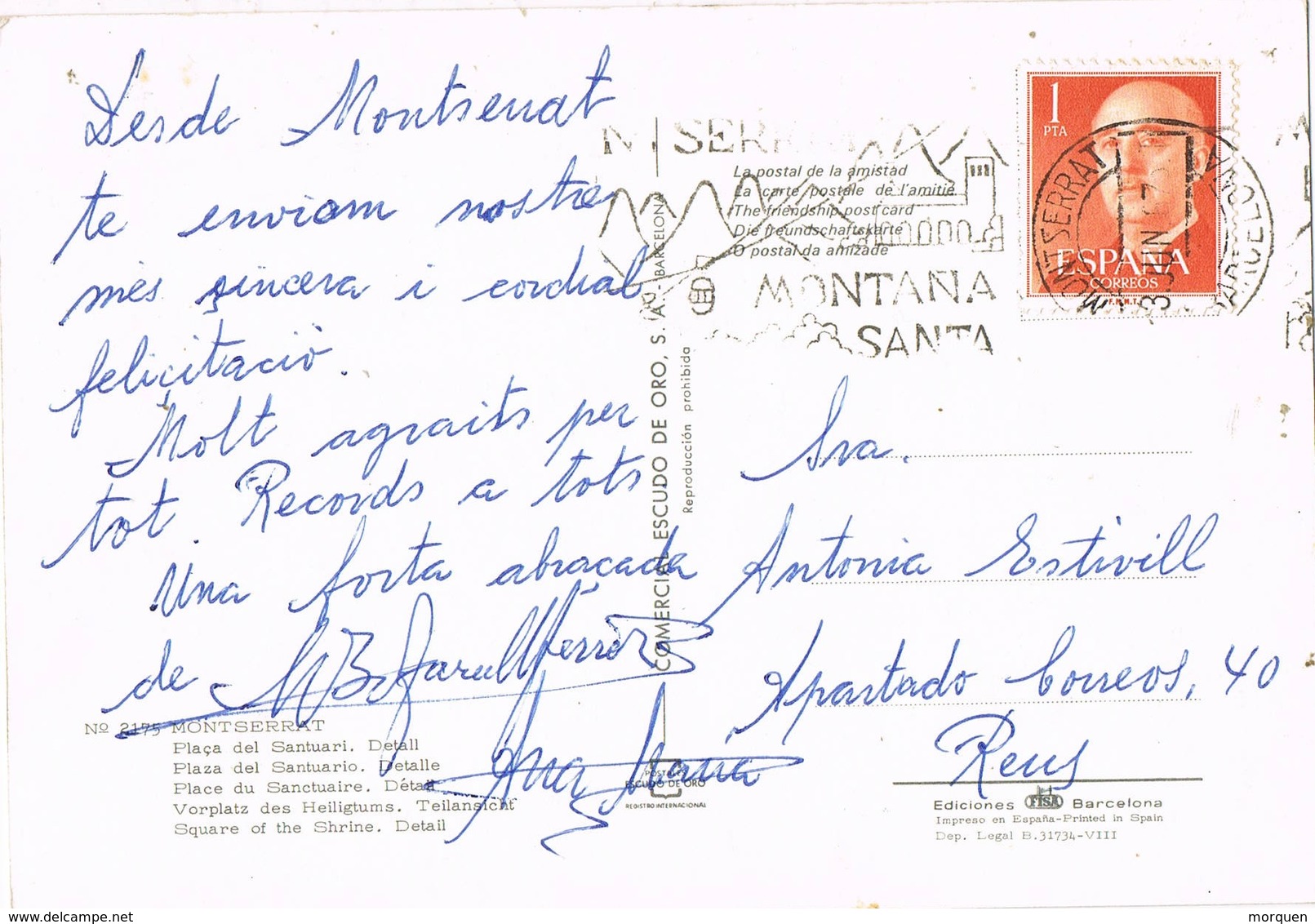 34872. Postal MONTSERRAT (Barcelona) 1967. Rodillo Especial Montaña Santa - Cartas & Documentos