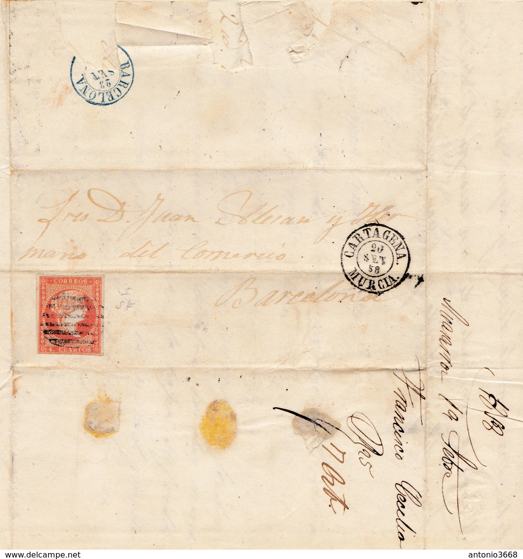 Año 1856 Edifil 48 4c Isabel II Carta Matasellosrejilla Y  Tipo II Cartagena Murcia - Briefe U. Dokumente