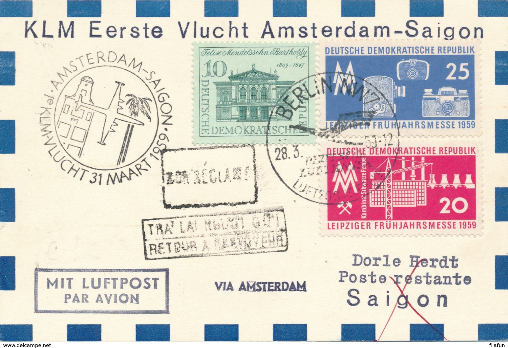 Nederland - 1959 - DDR-post Op 1st Flight KLM Van (Berlin Via) Amsterdam Naar Saigon / Vietnam - Luftpost