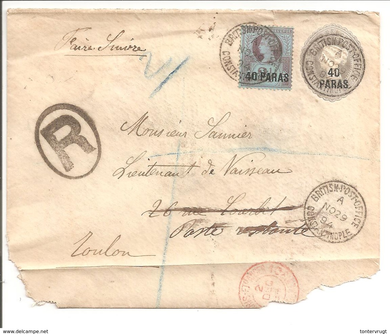 Constantinopel England.Postal Stationery R-Cover 40P Uprated 1894 To France Toulon .Lt De Vaisseau - British Levant