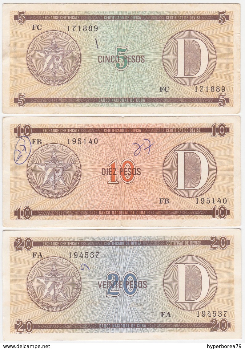 Cuba SET P FX34 FX35 FX36 - 5 10 20 Pesos 1985 Series D 2nd Issue - Fine+ - Cuba