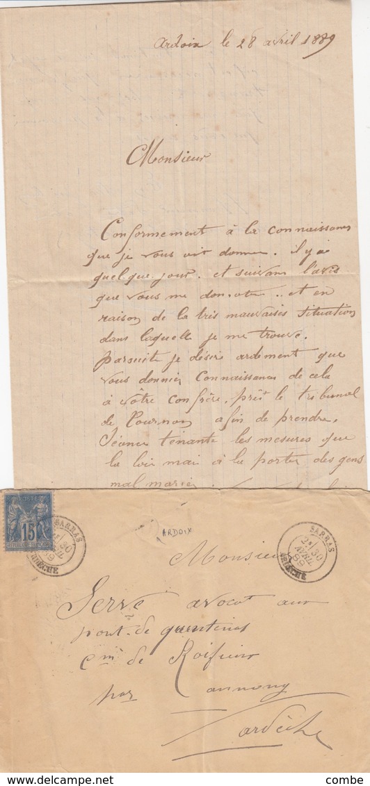 LETTRE SAGE ARDECHE SARRAS. BOITE RURALE D = ARDOIX  / 2 - 1877-1920: Semi-Moderne