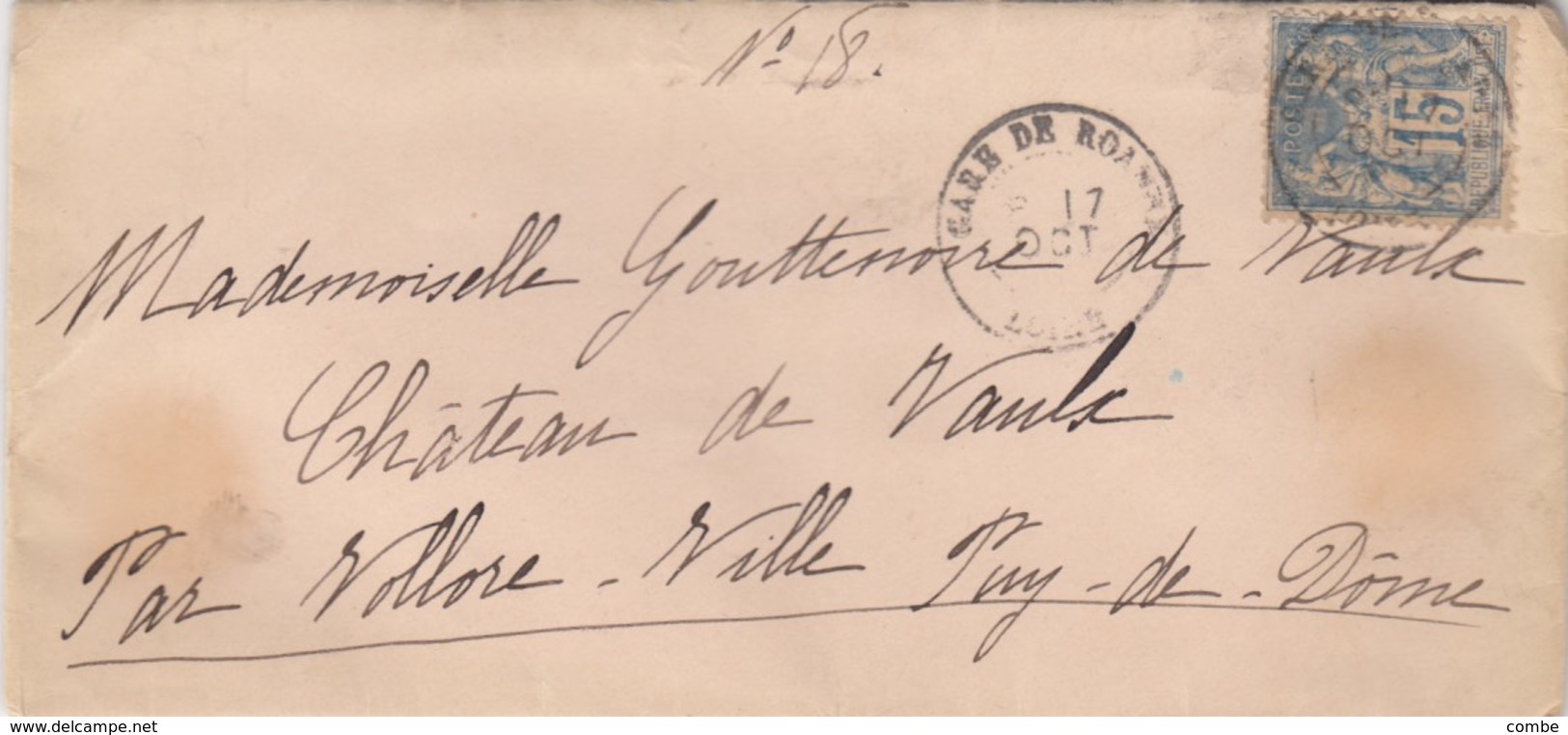 LETTRE SAGE. CACHET CIRE LEVRIER JE SUIS PRESSÉ. GARE DE ROANNE  / 2 - 1877-1920: Période Semi Moderne