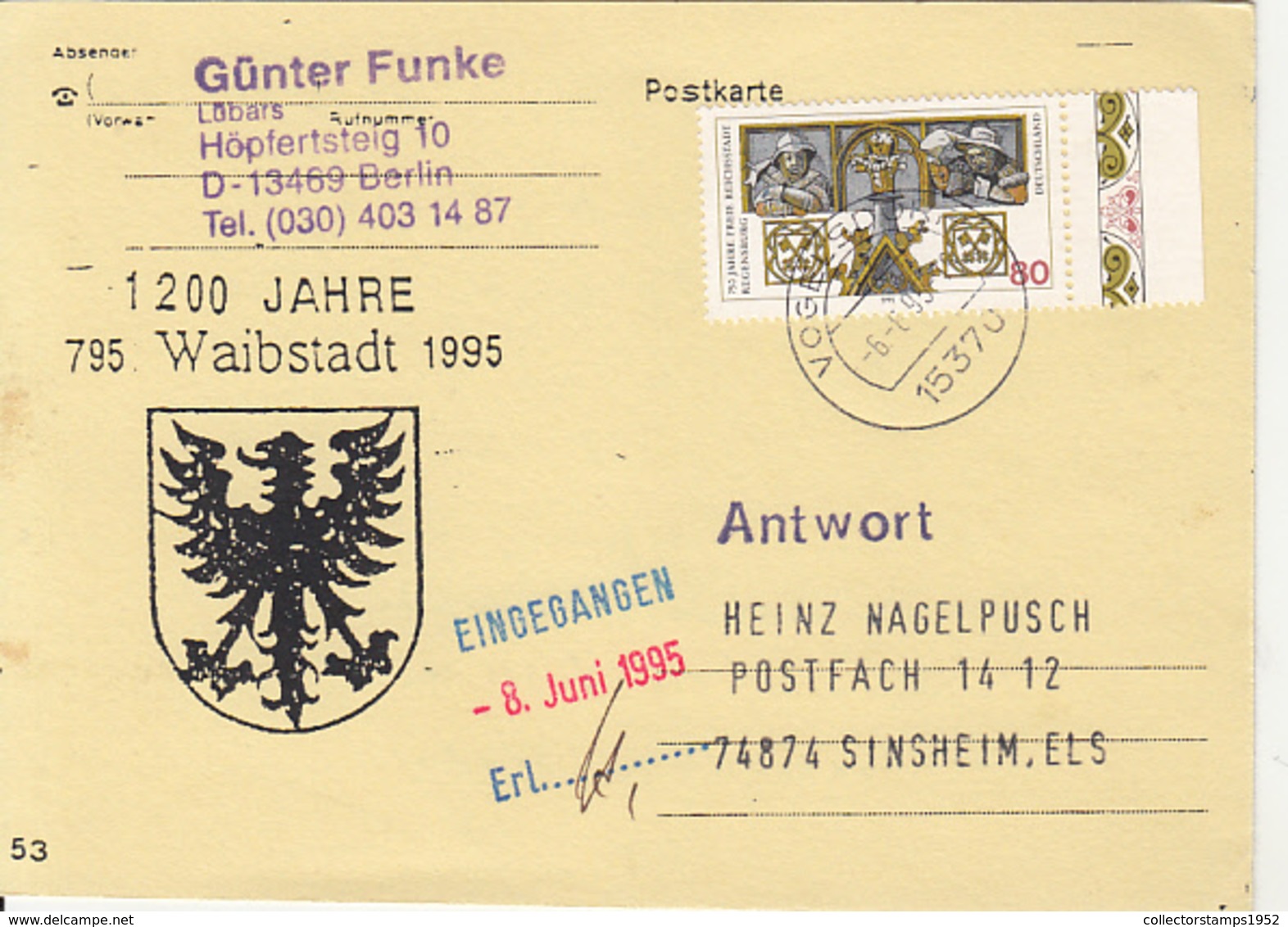 83896-WAIBSTADT COAT OF ARMS SPECIAL POSTCARD, REGENSBURG TOWN ANNIVERSARY STAMP, 1995, GERMANY - Storia Postale