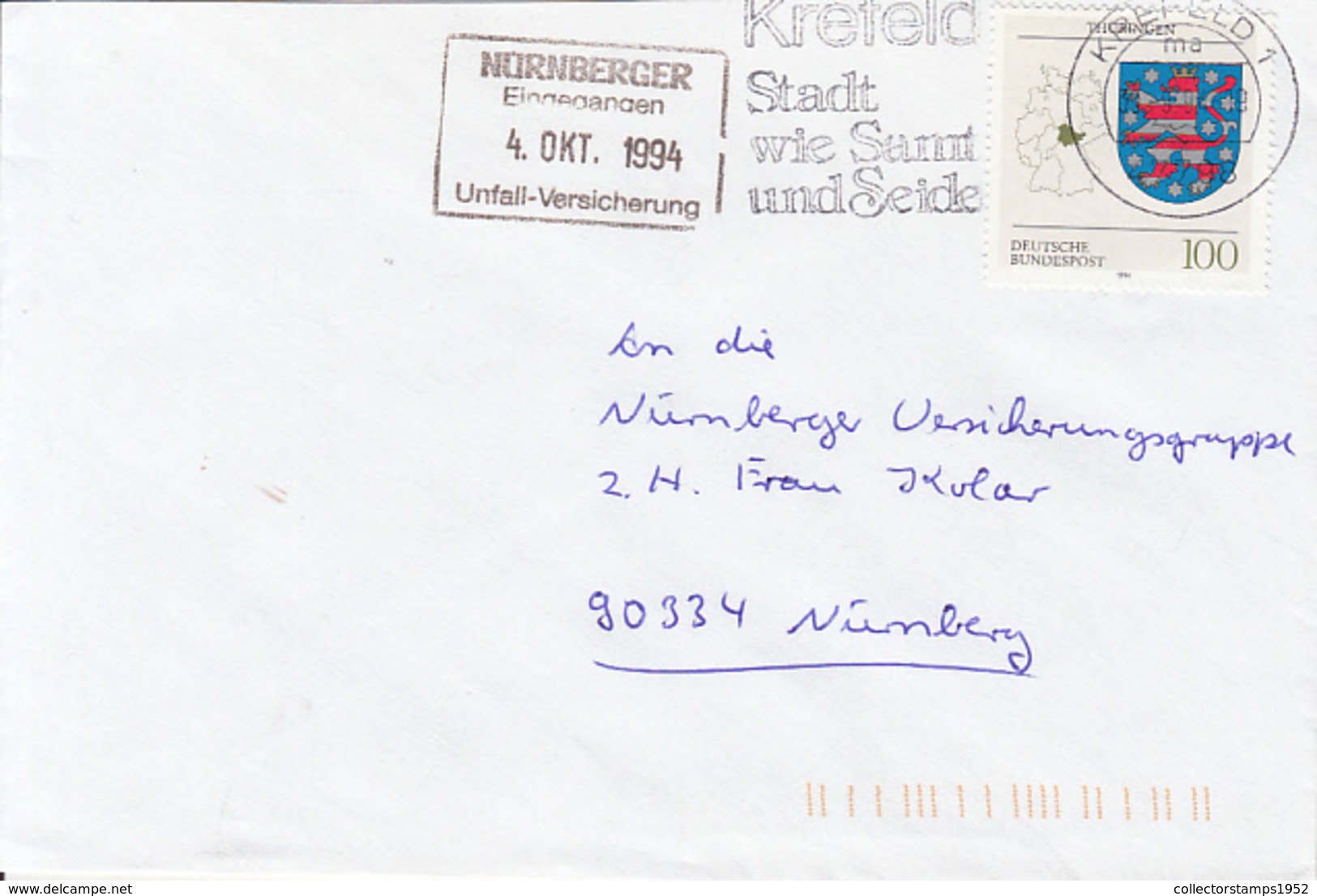 83907- THURINGIA COAT OF ARMS STAMP ON COVER, KREFELD TOWN SPECIAL POSTMARK, 1994, GERMANY - Storia Postale