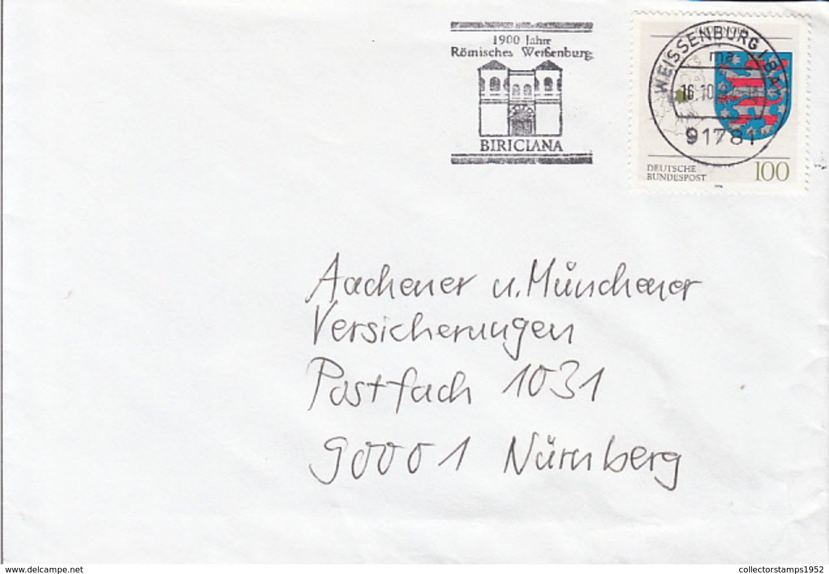83908- THURINGIA COAT OF ARMS STAMP ON COVER, WEISSENBURG TOWN SPECIAL POSTMARK, 1994, GERMANY - Storia Postale