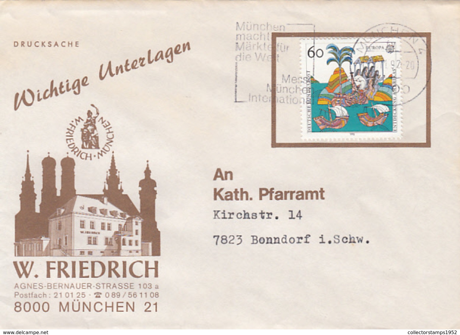 83968-W. FRIEDRICH BUILDING SPECIAL COVER, DISCOVERY OF AMERICA STAMP, 1992, GERMANY - Storia Postale