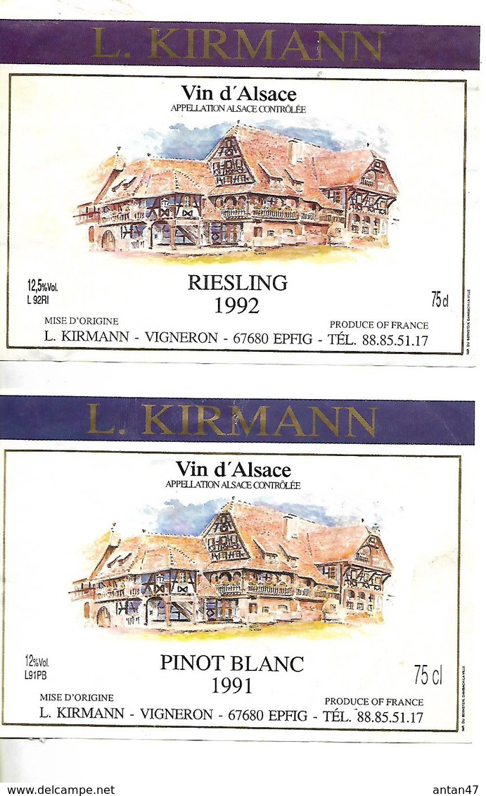 2 étiquettes Vin D'Alsace 1991-92 / 67 EPFIG / L. KIRMANN / Riesling & Pinot Blanc - Riesling