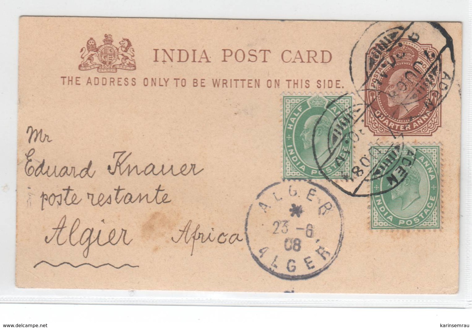 Indien 1908 , Ganzsache Von Aden Nach Afrika - 1902-11 King Edward VII